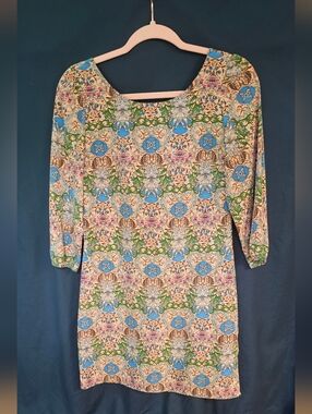 Floral Pattern Scoop-Neck Women's Dress - Blue & Green